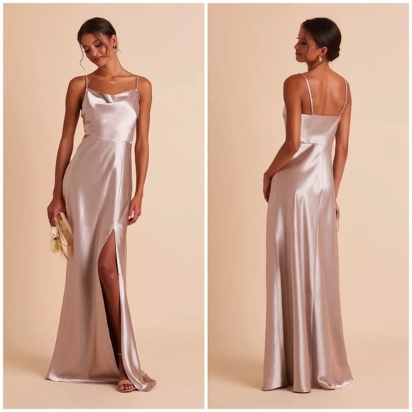 Birdy Grey Lisa Long Satin Dress Taupe Size 4  leg slit - Picture 3 of 12